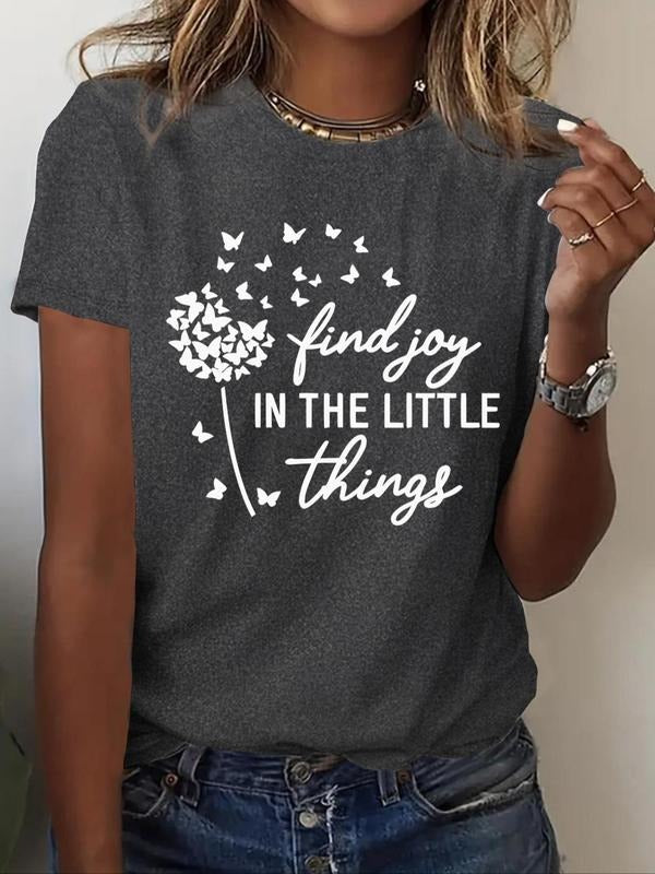 Women'WB shield Letter & Dandelion Print Round Neck Graphic Tee, Vintage Trendy Casual Short Sleeve T-shirt for Daily Wear, Ladies Summer Outfit