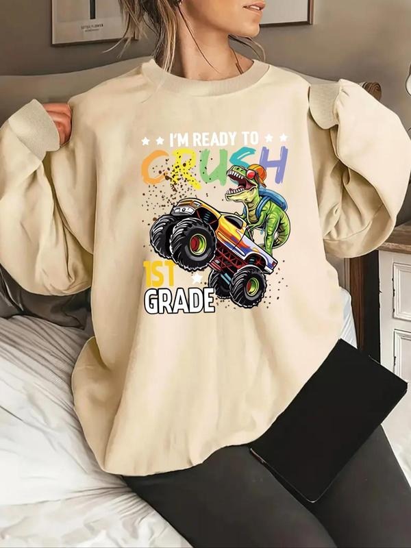 Women'WB shield Letter & Dinosaur Print Drop Shoulder Sweatshirt, Casual Long Sleeve Round Neck Pullover for Fall &...