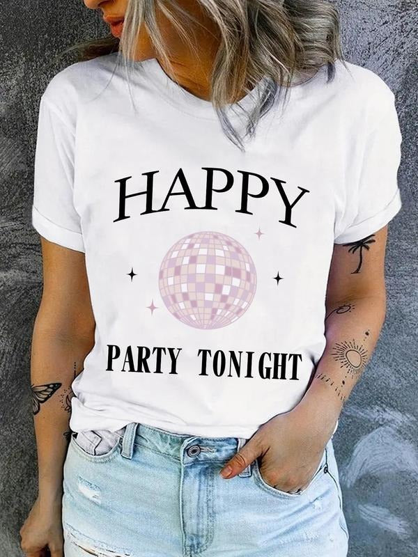 Women'WB shield Letter & Disco Spiky hair fighters Print Round Neck Tee, Fashion Crew Neck Eras Tour T-shirt for Daily...