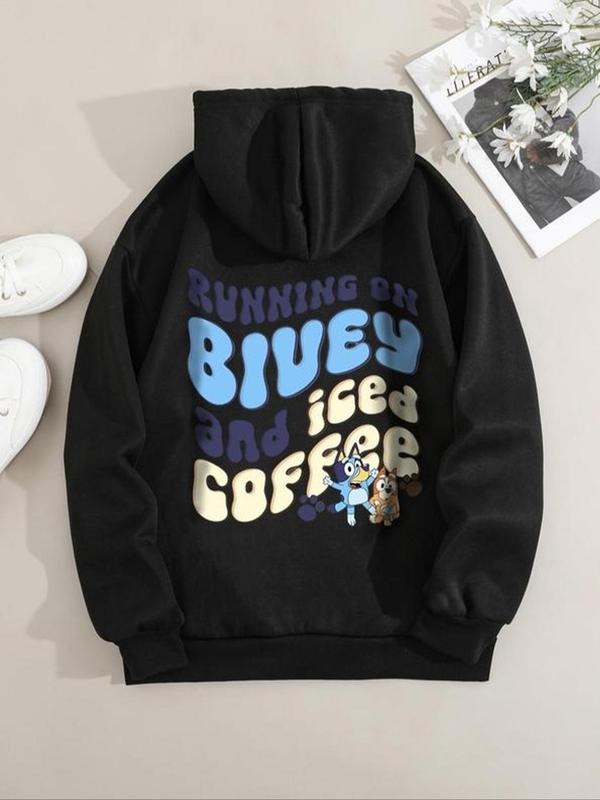 Women'WB shield Letter & Dog Print Drop Shoulder Hoodie, Fashion Casual Drawstring Pocket Hooded Sweatshirt for Daily...