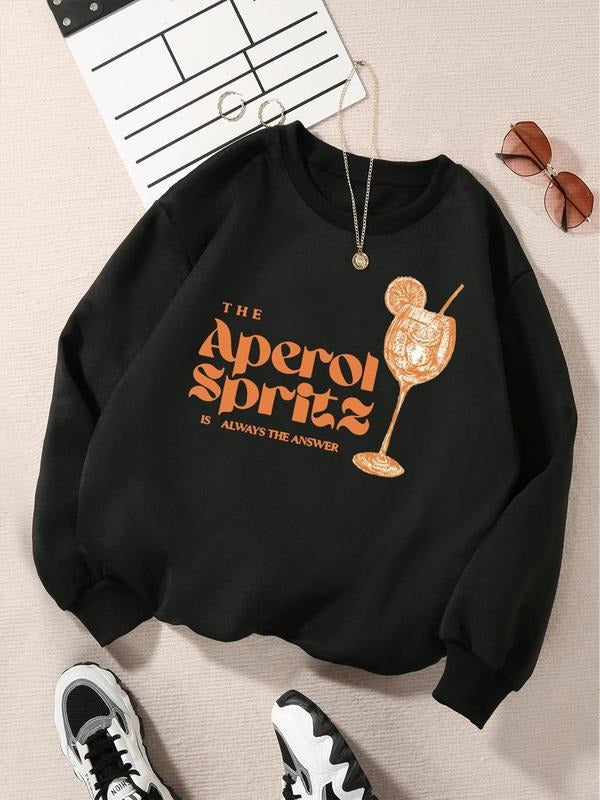 Women'WB shield Letter & Drink Cup Print Drop Shoulder TNF Lined Sweatshirt, Casual Long Sleeve Round Neck Pullover for...