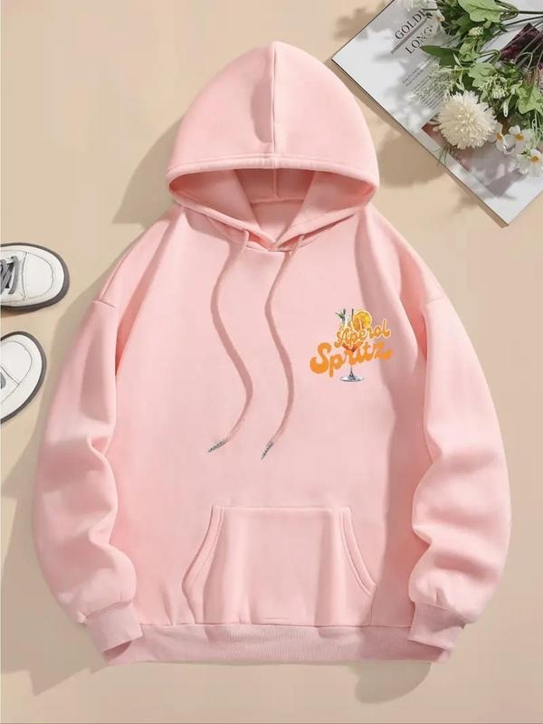 Women'WB shield Letter & Drink Print Drawstring Hoodie, Casual Long Sleeve Hooded Sweatshirt for Fall & Winter, Women'WB...
