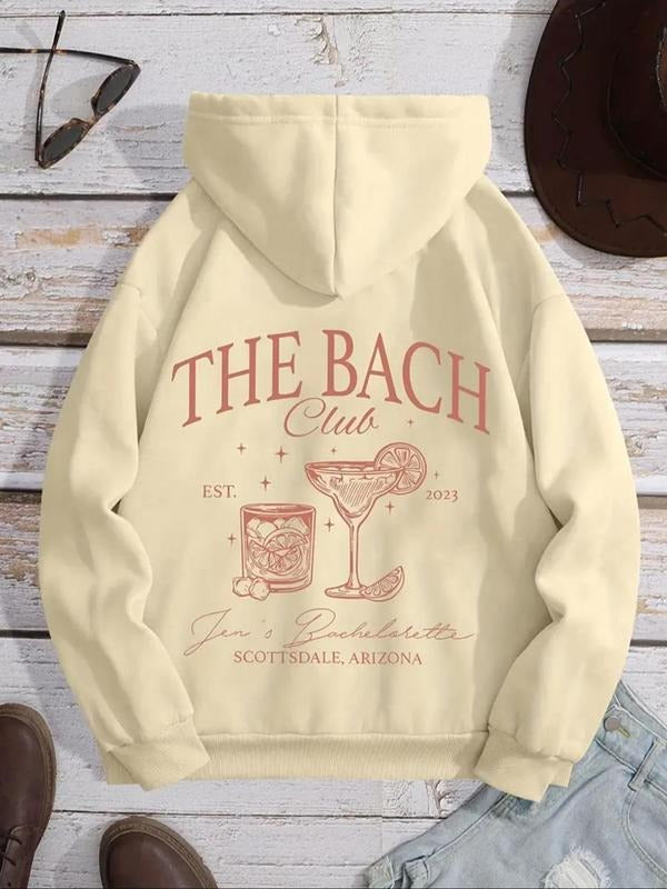 Women'WB shield Letter & Drink Print Drop Shoulder Hoodie, Fashion Casual Drawstring Pocket Hooded Sweatshirt for Daily...
