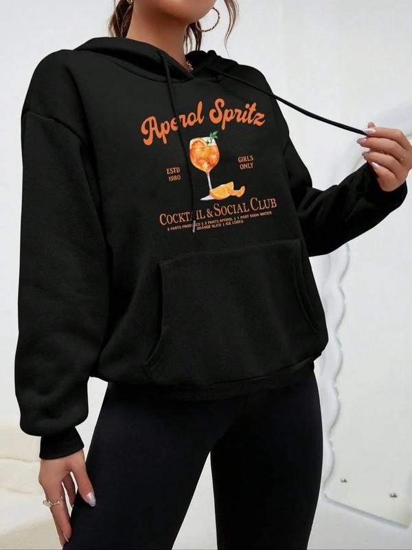 Women'WB shield Letter & Drink Print Drop Shoulder Hoodie, Fashion Casual Drawstring Pocket Hooded Sweatshirt for Daily...