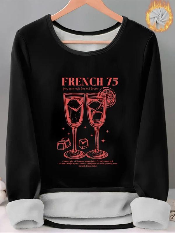 Women'WB shield Letter & Drink Print TNF Lined Tee, Casual Long Sleeve Round Neck T-shirt for Fall & Winter, Ladies TNF...