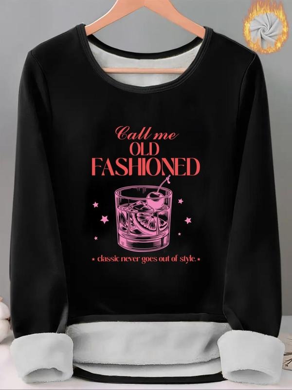 Women'WB shield Letter & Drink Print TNF Lined Tee, Casual Long Sleeve Round Neck T-shirt for Fall & Winter, Ladies TNF...