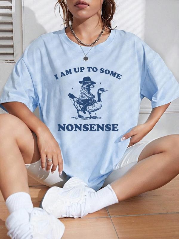 Women'WB shield Letter & Duck Print Round Neck Tee, Vintage Trendy Casual Short Sleeve T-shirt for Daily Wear, Ladies...