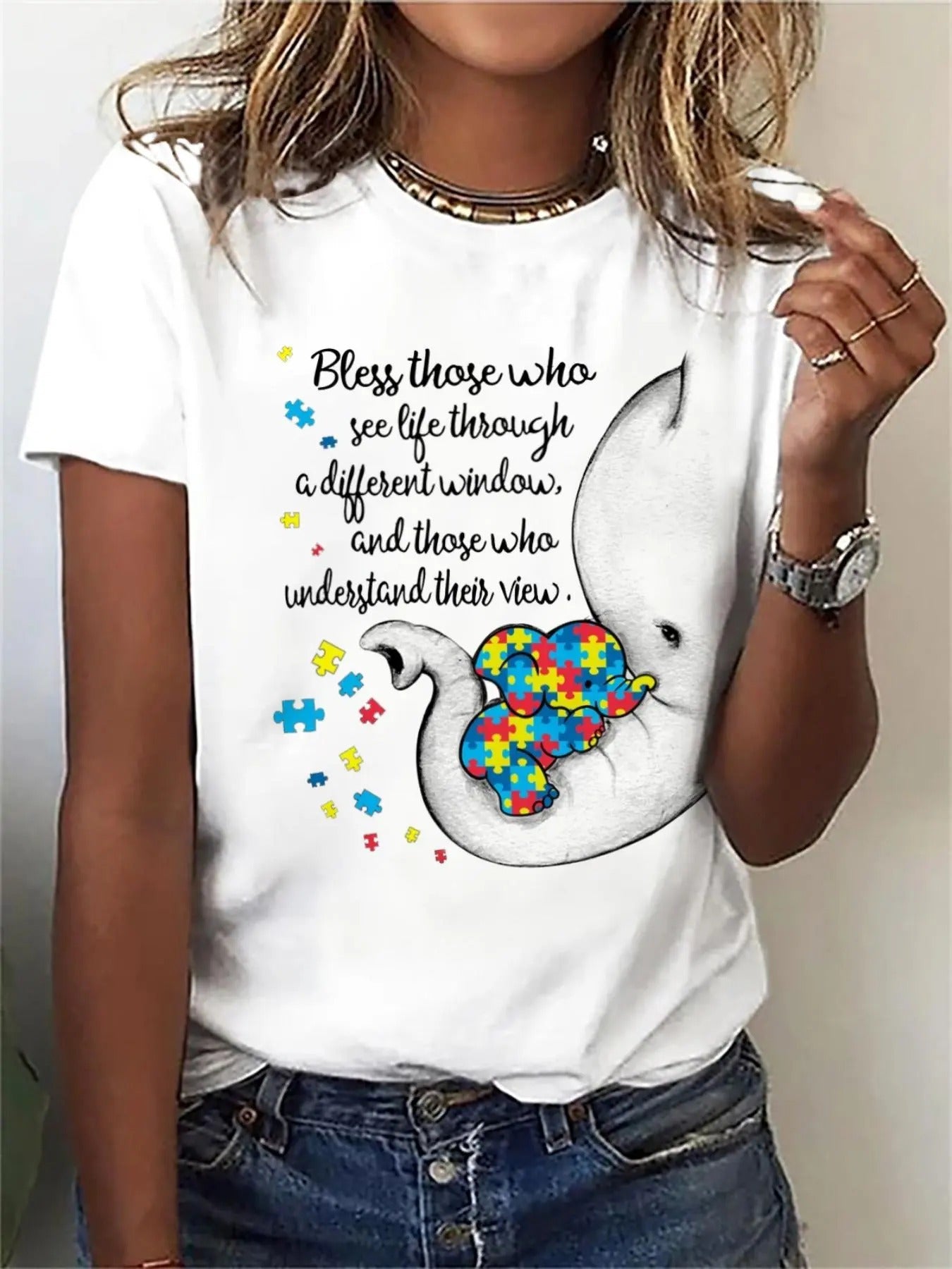 Women'WB shield Letter & Elephant Print Round Neck Graphic Tee, Fashion Casual Crew Neck Short Sleeve T-Shirt for Daily...