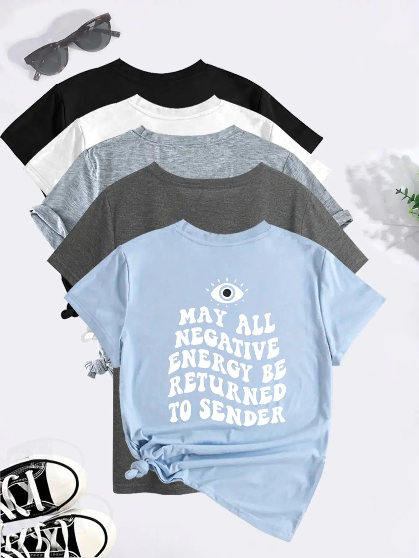 Women'WB shield Letter & Eye Print Round Neck Tee, Casual Short Sleeve Crew Neck T-Shirt for Summer, Fashion Women'WB...