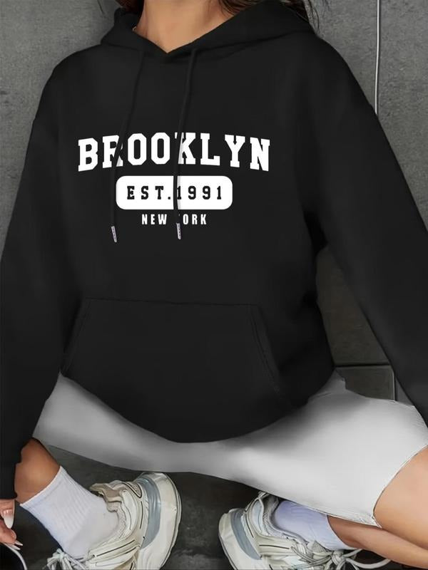 Women'WB shield Letter & Figure Print Drop Shoulder Hoodie, Fashion Casual Drawstring Pocket Hooded Sweatshirt for Daily...