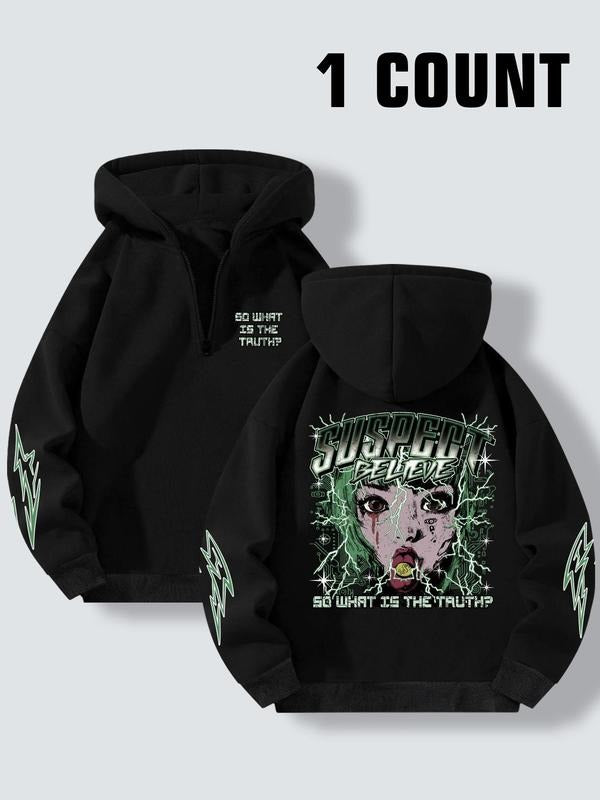 Women'WB shield Letter & Figure Print Half Zip Drop Shoulder Hoodie, Fashion Casual Long Sleeve Hooded Sweatshirt for...