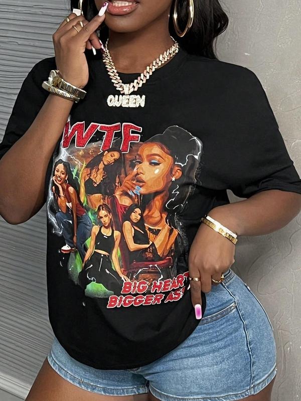 Women'WB shield Letter & Figure Print Round Neck Graphic Tee, Casual Short Sleeve Crew Neck T-Shirt for Summer, Fashion...