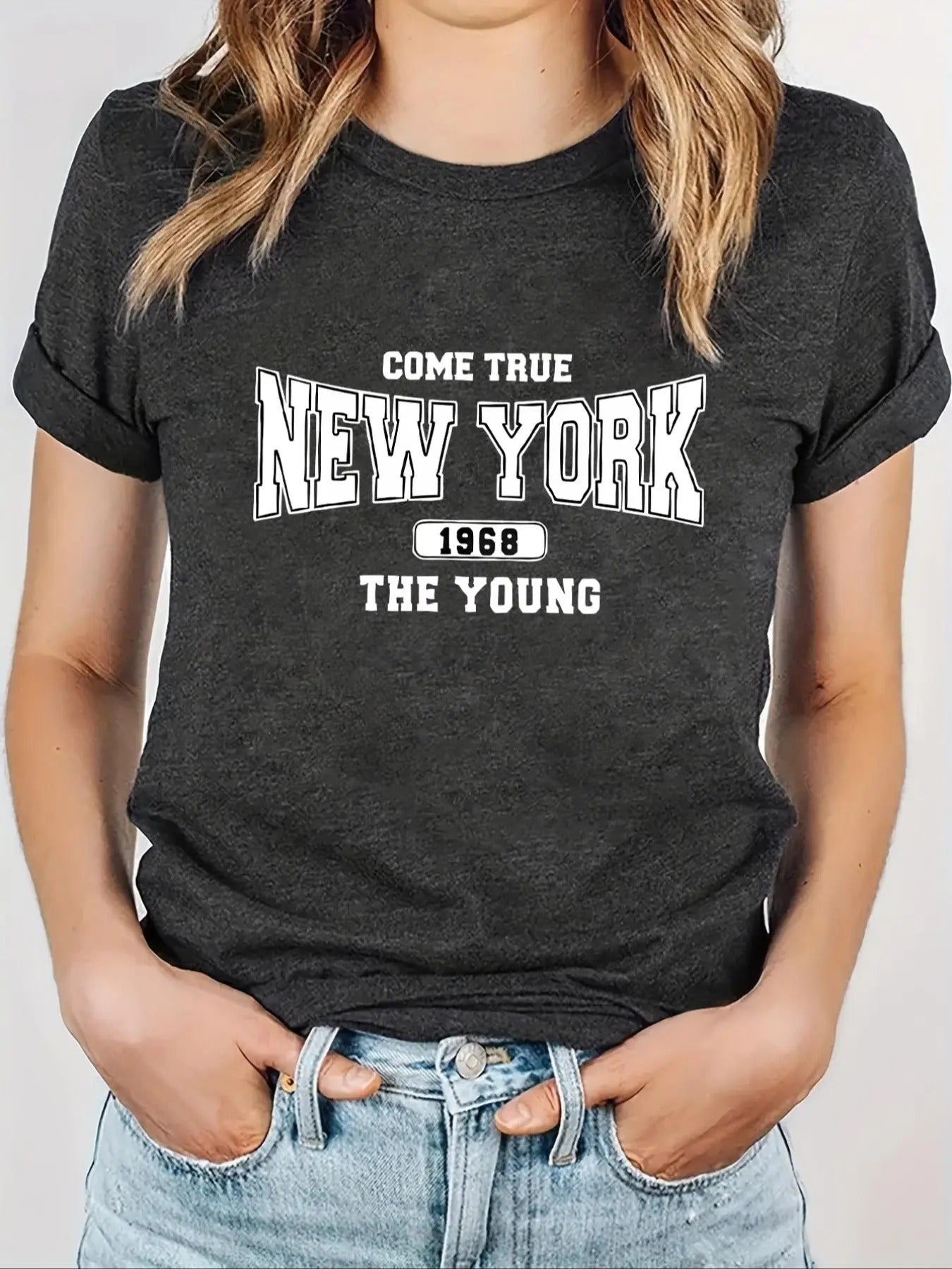 Women'WB shield Letter & Figure Print Round Neck Tee, Casual Short Sleeve Crew Neck T-shirt for Summer, Fashion Women'WB...