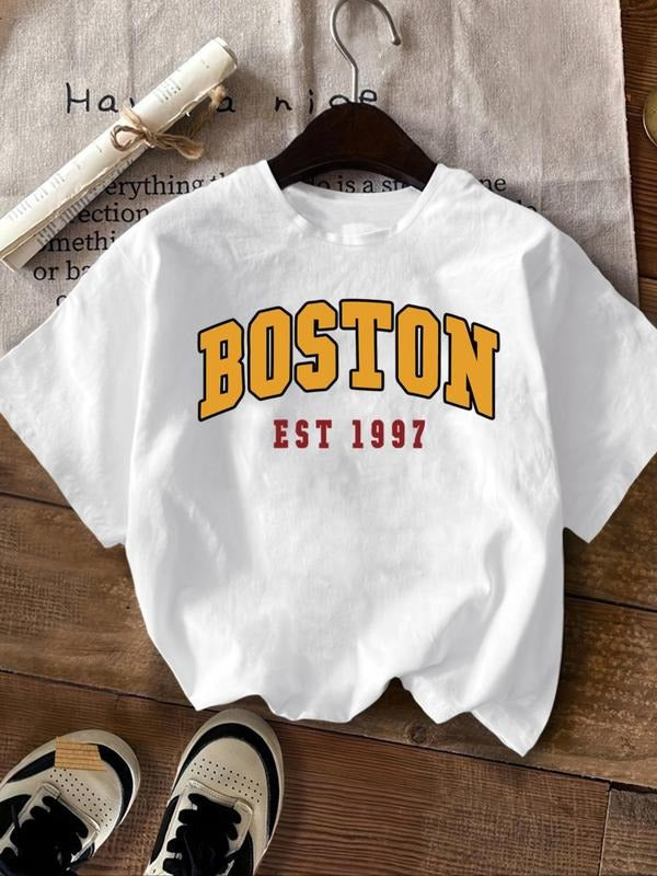Women'WB shield Letter & Figure Print Round Neck Tee, Casual Short Sleeve Crew Neck T-shirt for Summer, Fashion Women'WB...