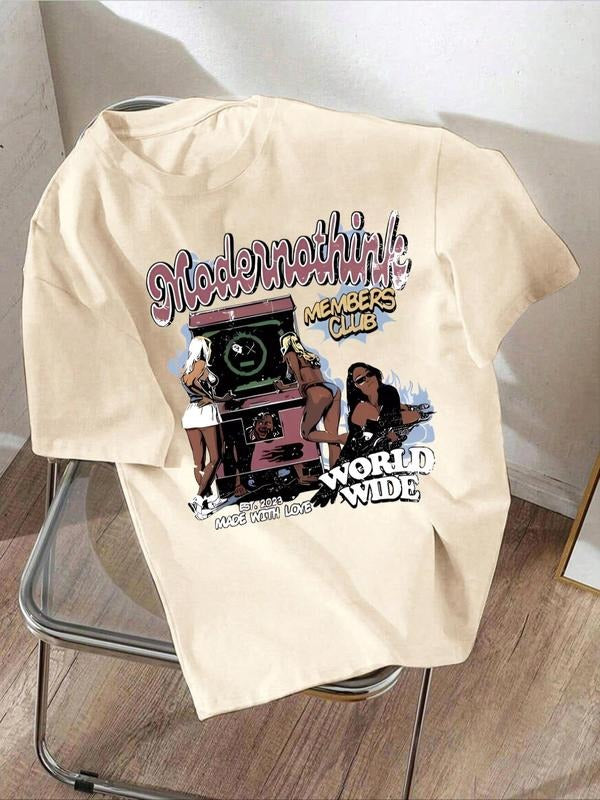 Women'WB shield Letter & Figure Print Round Neck Tee, Vintage Trendy Casual Short Sleeve T-shirt for Daily Wear, Ladies Spiky hair fighters Seasons Outfit style 02