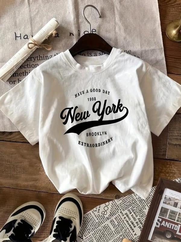 Women'WB shield Letter & Figure Print Round Neck Tee, Vintage Trendy Casual Short Sleeve T-shirt for Daily Wear, Ladies Spiky hair fighters Seasons Outfit