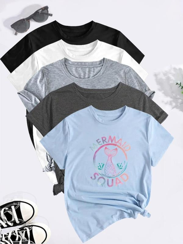 Women'WB shield Letter & Fishtail Print Round Neck Tee, Casual Short Sleeve Crew Neck T-shirt for Summer, Fashion...