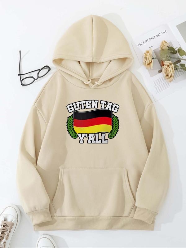 Women'WB shield Letter & Flag Print Drawstring Pocket Hoodie, Casual Long Sleeve Hooded Sweatshirt for Fall & Winter,...