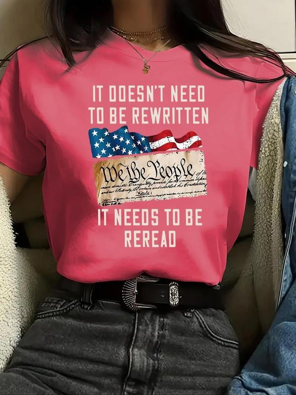 Women'WB shield Letter & Flag Print Round Neck Tee, Casual Short Sleeve Crew Neck T-Shirt for Summer, Fashion Women'WB shield Top for Daily Wear style 02