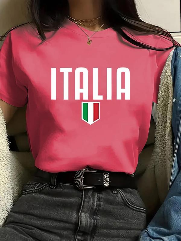 Women'WB shield Letter & Flag Print Round Neck Tee, Casual Short Sleeve Crew Neck T-Shirt for Summer, Fashion Women'WB shield Top for Daily Wear style 04