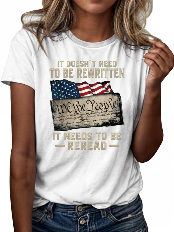 Women'WB shield Letter & Flag Print Round Neck Tee, Casual Short Sleeve Graphic T-shirt, Ladies TNF for Daily Wear...