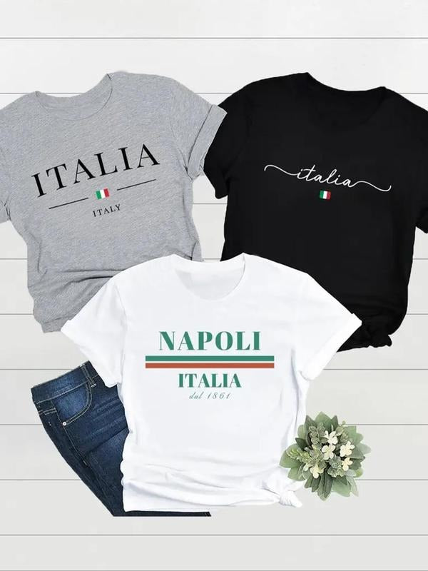 Women'WB shield Letter & Flag Print Round Neck Tee, Comfort Casual Short Sleeve Crew Neck T-Shirt for Daily Wear, Ladies...