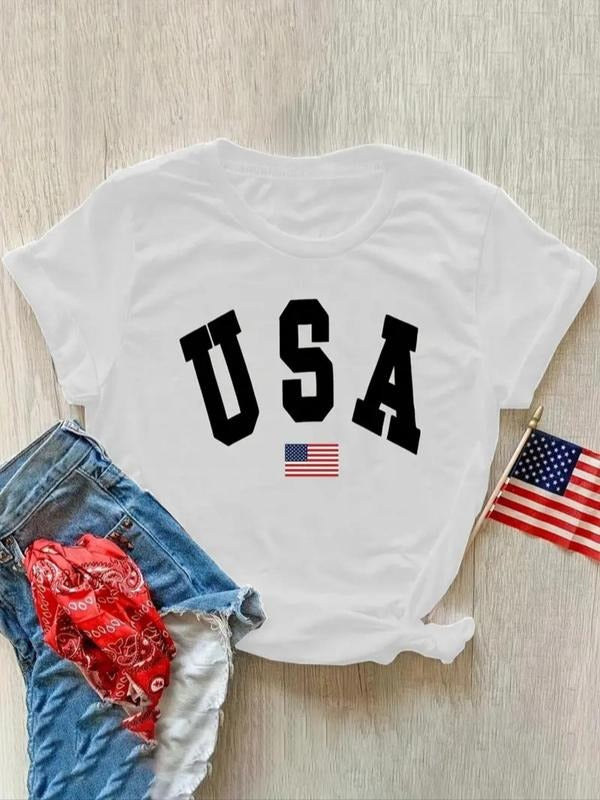 Women'WB shield Letter & Flag Print Round Neck Tee, Trendy Casual Short Sleeve T-Shirt for Daily Wear, Ladies Spiky hair...