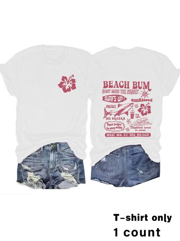 Women'WB shield Letter & Floral Print Round Neck Tee, Casual Short Sleeve Crew Neck T-shirt for Summer Beach Vacation,...