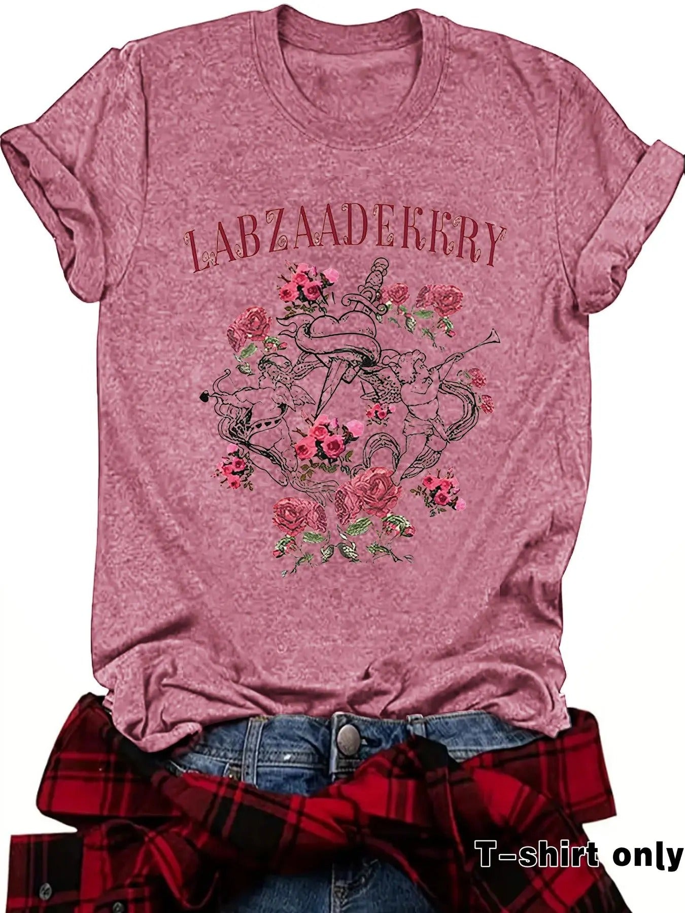 Women'WB shield Letter & Floral Print Round Neck Tee, Casual Short Sleeve Crew Neck T-shirt for Summer, Fashion Women'WB...