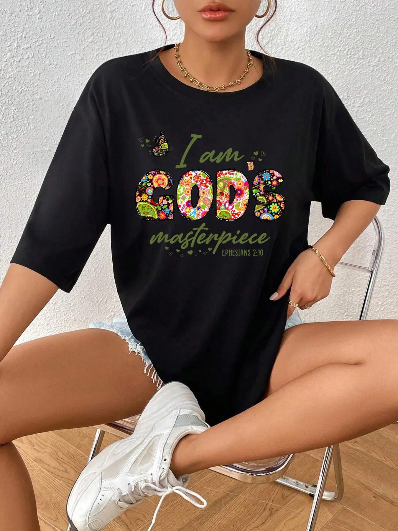Women'WB shield Letter & Floral Print Round Neck Tee, Trendy Casual Drop Shoulder Half Sleeve T-shirt for Daily Wear,...