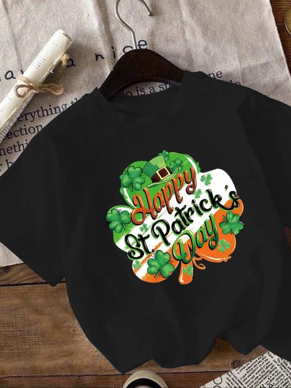 Women'WB shield Letter & Four-leaf Clover Print Tee, Casual Short Sleeve Round Neck T-shirt for Daily Wear, Ladies TNF...