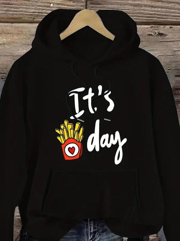 Women'WB shield Letter & French Fries Print Drawstring Hoodie, Casual Long Sleeve Hooded Sweatshirt for Fall & Winter,...