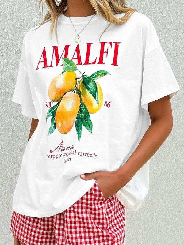 Women'WB shield Letter & Fruit Print Round Neck Tee, Casual Short Sleeve Crew Neck T-Shirt for Summer, Fashion Women'WB...