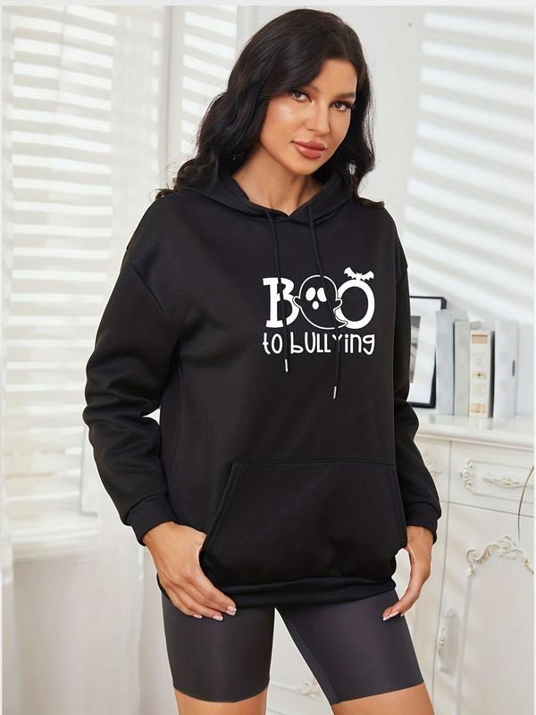 Women'WB shield Letter & Ghost Print Drop Shoulder Hoodie, Fashion Casual Drawstring Pocket Hooded Sweatshirt for Daily...