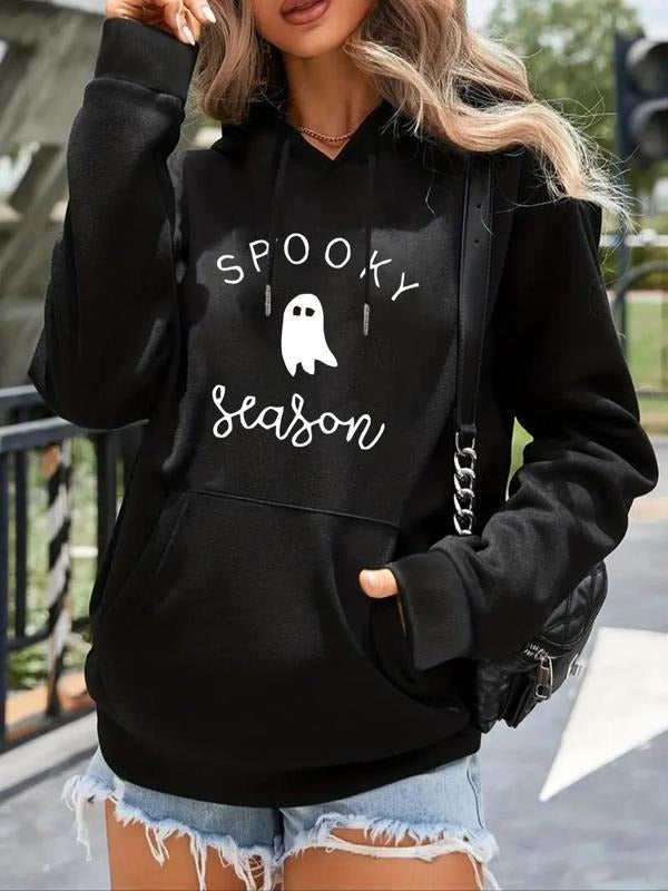 Women'WB shield Letter & Ghost Print Drop Shoulder Hoodie, Fashion Casual Drawstring Pocket Hooded Sweatshirt for Daily...