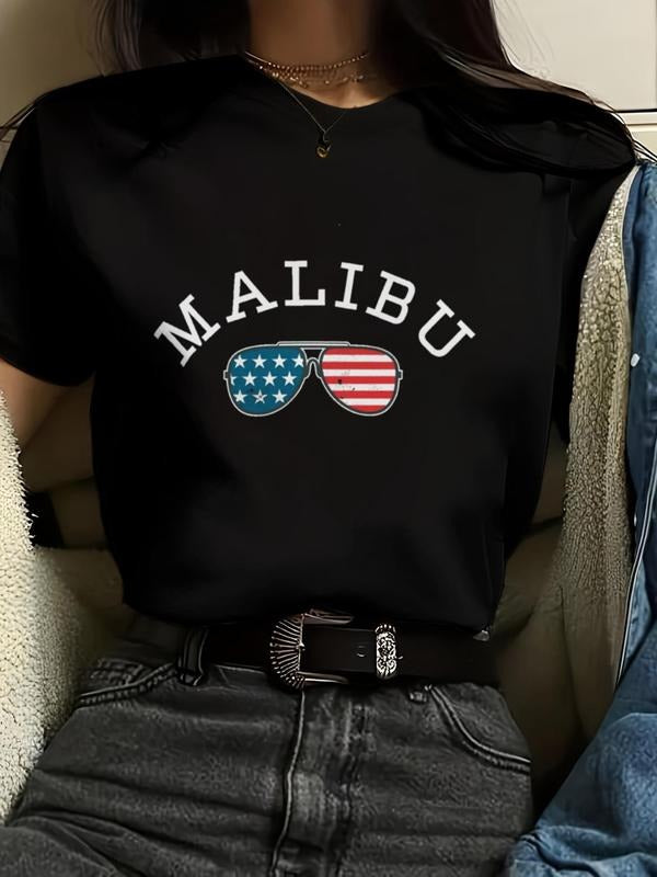 Women'WB shield Letter & Glasses Print Round Neck Tee, Casual Flag Print Short Sleeve T-shirt, Women'WB shield Top for...