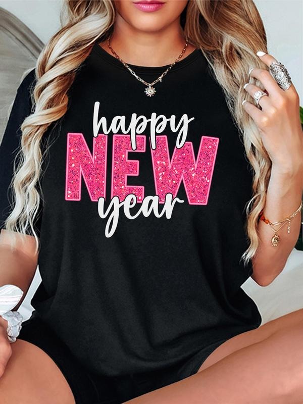Women'WB shield Letter & Glitter Sequins Print Round Neck Tee, Casual Fashion Short Sleeve T-shirt for Fall & Winter,...