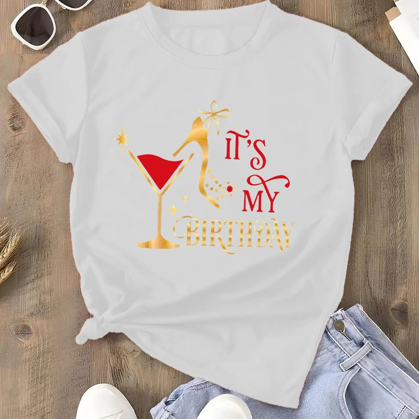 Women'WB shield Letter & Goblet & High Heels Print Round Neck Tee, Trendy Casual Short Sleeve T-Shirt for Daily Wear,...