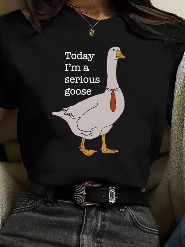 Women'WB shield Letter & Goose Print Round Neck Tee, Casual Comfy Short Sleeve T-shirt for Summer, Fashion Women'WB...