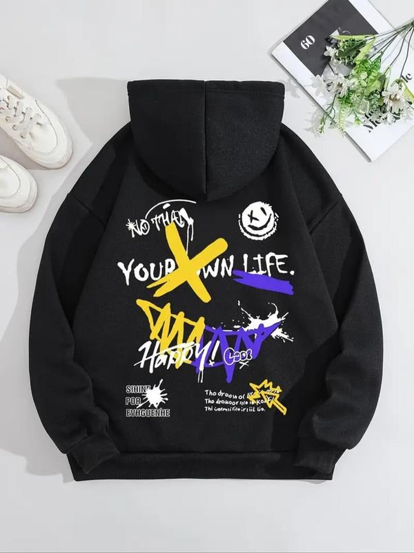 Women'WB shield Letter & Graffiti Print Drawstring Pocket Hoodie, 2024 New Style Fashion Casual Hooded Sweatshirt for Daily Holiday Outdoor Wear, Women Clothing for Fall & Winter