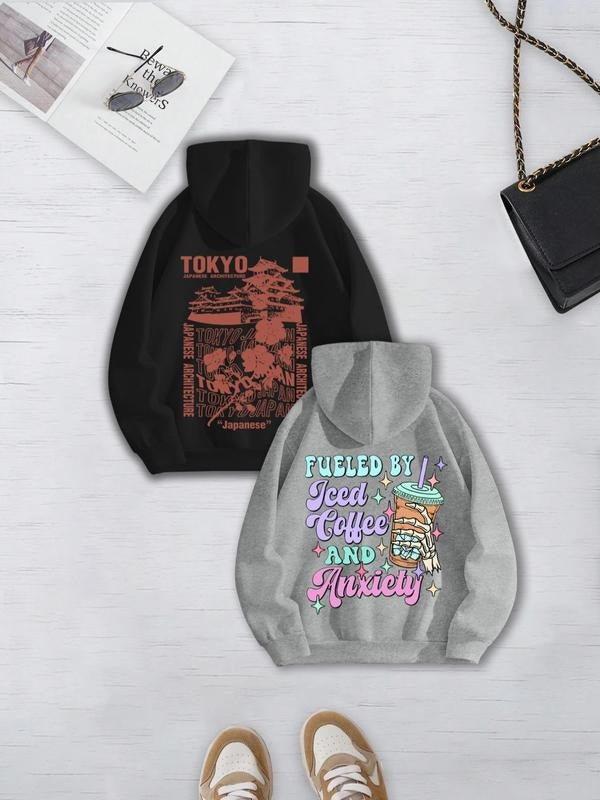 Women'WB shield Letter & Graphic Print Drop Shoulder Hoodie, Fashion Casual Drawstring Pocket Hooded Sweatshirt for Daily...