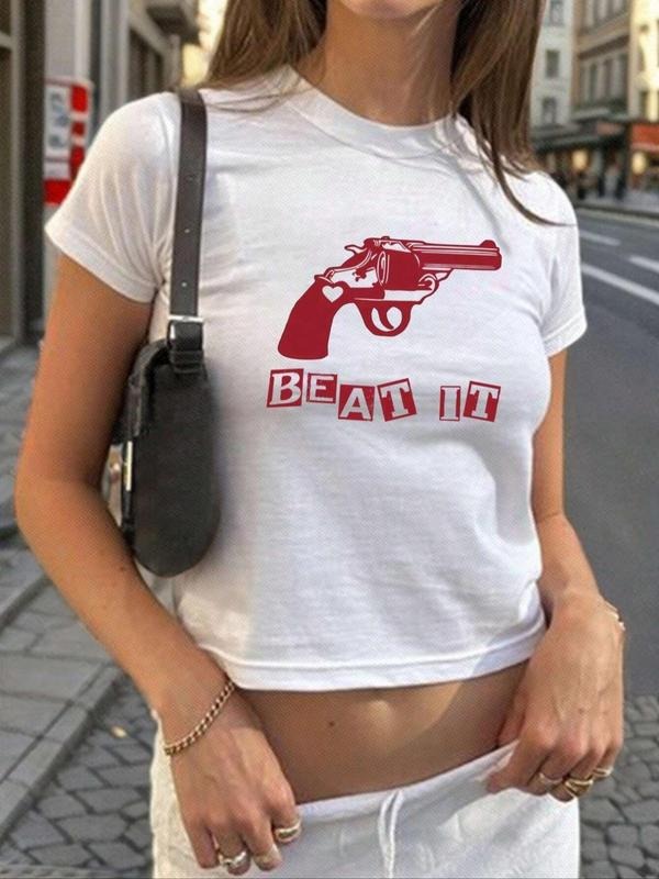 Women'WB shield Letter & Graphic Print Round Neck Crop Tee, Vintage Trendy Casual Short Sleeve T-shirt for Daily Wear,...
