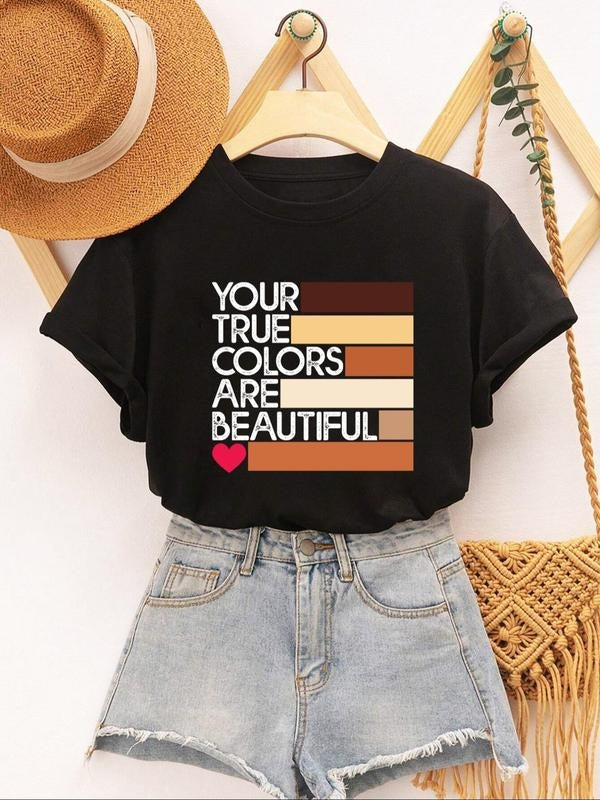 Women'WB shield Letter & Graphic Print Round Neck Tee, Summer TNF Women, Casual Short Sleeve Crew Neck T-Shirt for...