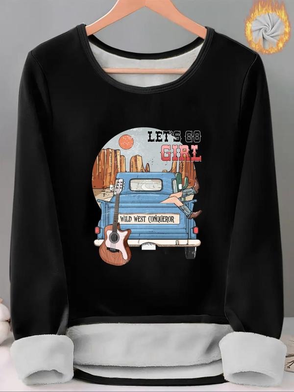 Women'WB shield Letter & Guitar Print TNF Lined Tee, Casual Long Sleeve Round Neck T-shirt for Fall & Winter, Ladies TNF...