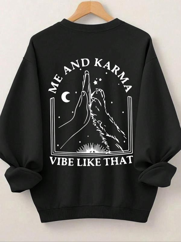 Women'WB shield Letter & Hand Print Drop Shoulder Sweatshirt, Casual Long Sleeve Round Neck Pullover for Spring & Fall,...