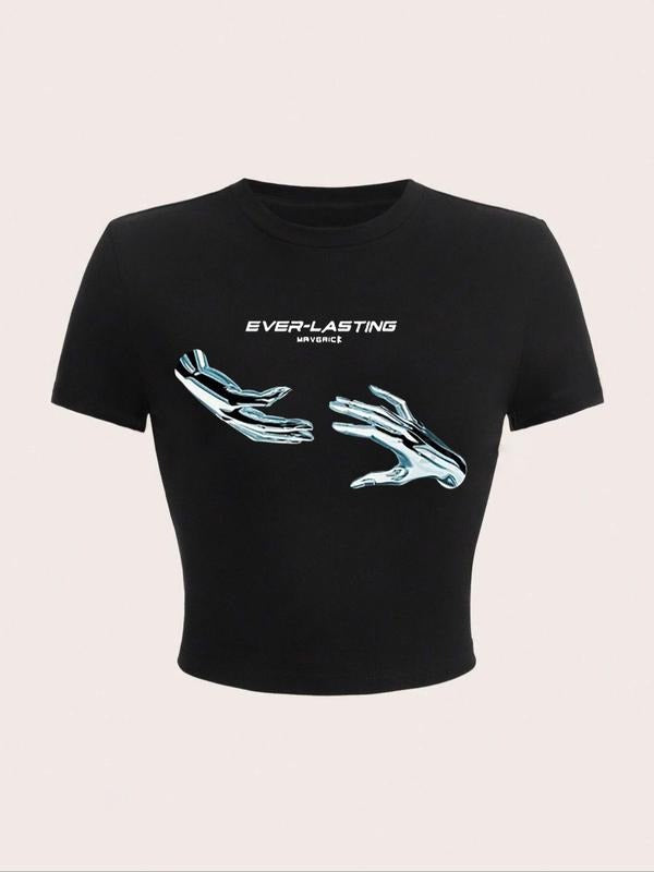 Women'WB shield Letter & Hand Print Round Neck Crop Tee, Casual Short Sleeve Crew Neck T-shirt for Summer, Fashion Women'WB shield Top for Daily Wear