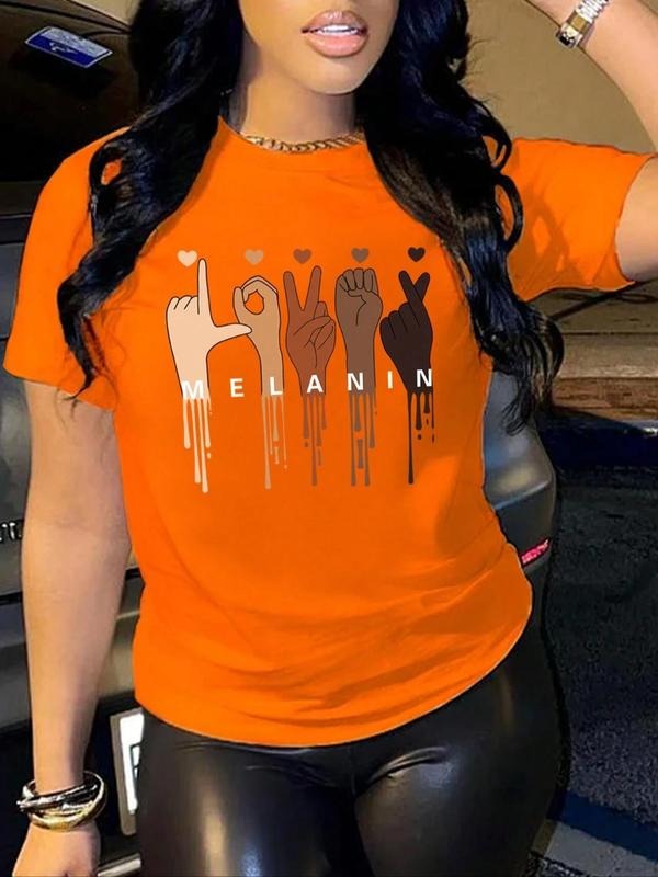 Women'WB shield Letter & Hand Print Round Neck Tee, Casual Short Sleeve Crew Neck T-Shirt for Summer, Fashion Women'WB...