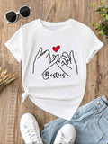 Women'WB shield Letter & Hand Print Round Neck Tee, Casual Short Sleeve Crew Neck T-shirt for Summer, Fashion Women'WB shield Top for Daily Wear style 03