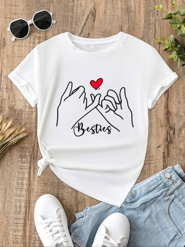 Women'WB shield Letter & Hand Print Round Neck Tee, Casual Short Sleeve Crew Neck T-shirt for Summer, Fashion Women'WB shield Top for Daily Wear style 03