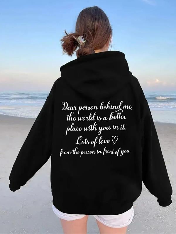 Women'WB shield Letter & Heart Print Drawstring Pocket Hoodie, Casual Drop Shoulder Hooded Sweatshirt for Daily Holiday Outdoor Wear, Women Clothing for Fall & Winter